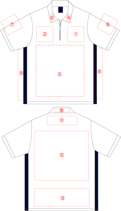 GP-UK210　ゲームポロシャツ　刺繍・プリント加工位置